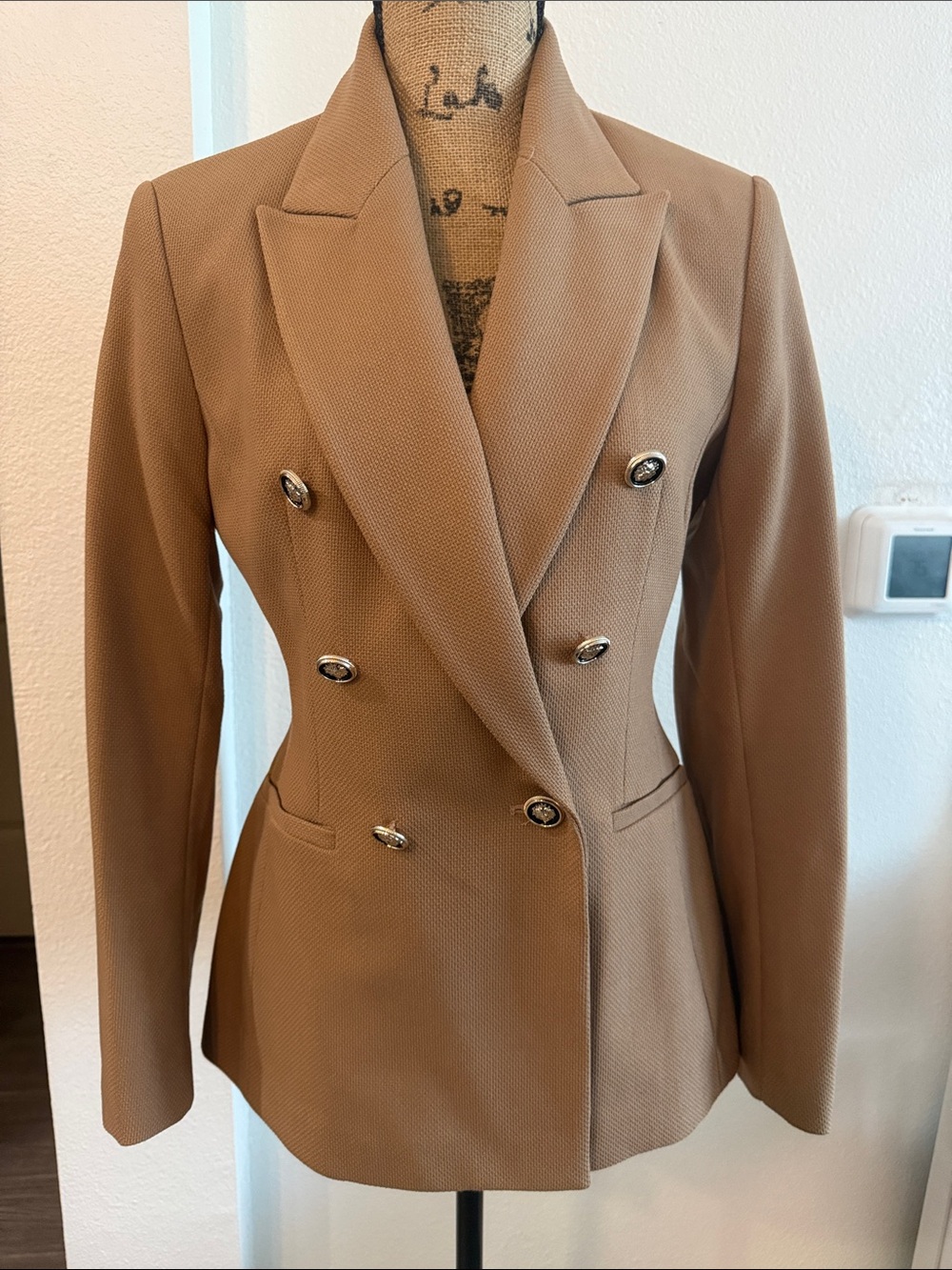 Zara Camel Textured Double Breasted Blazer S NWT Crest Buttons